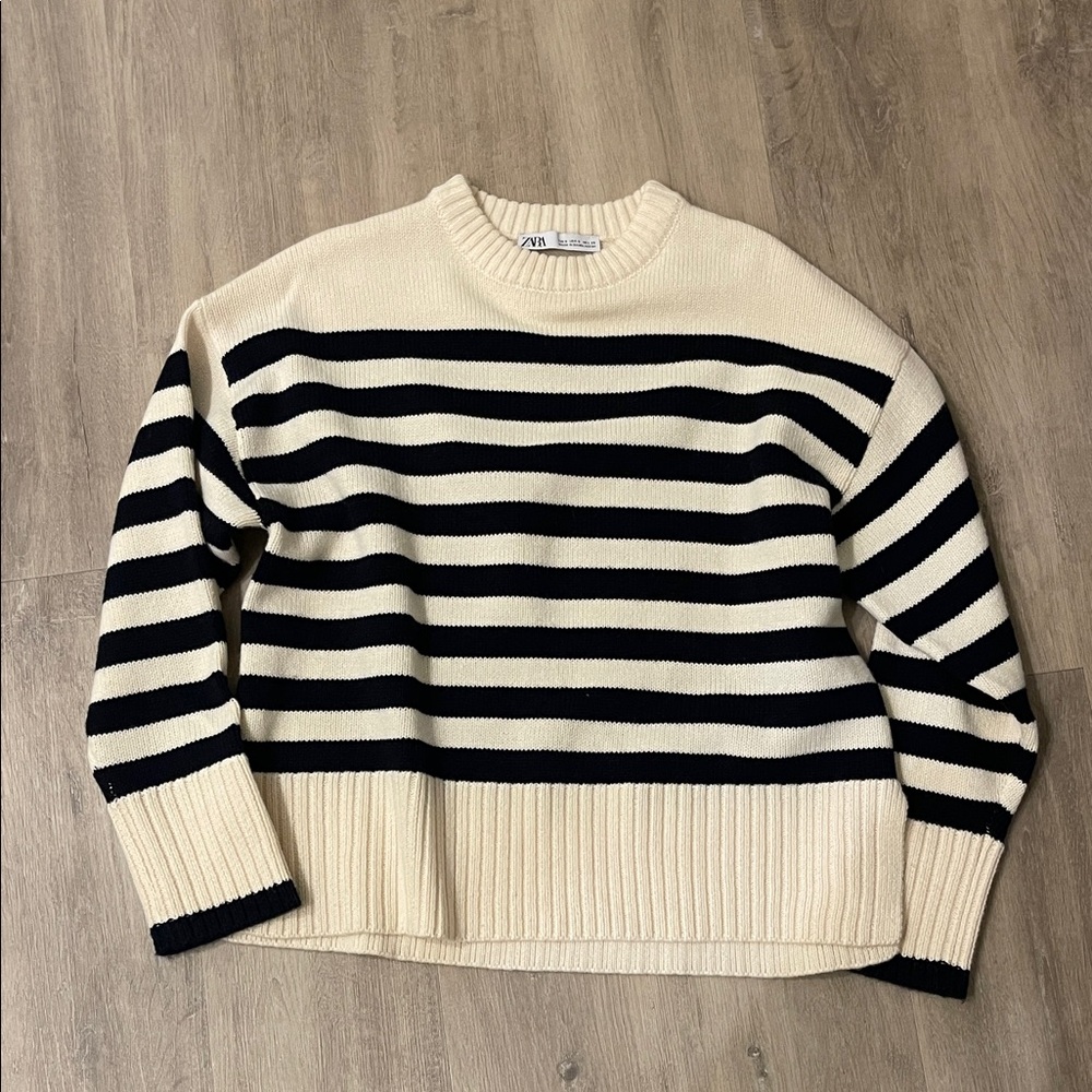 Zara Cream and Black Striped Knit Sweater